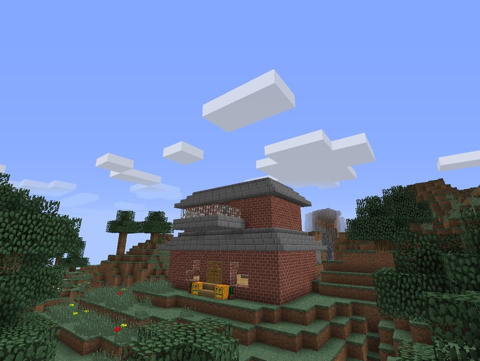 Minecraft house: red brick, slab roof, yellow doors, green hills with trees