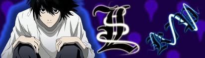 L from Death Note fan art: character sitting in typical pose, stylized L letter, dark blue background