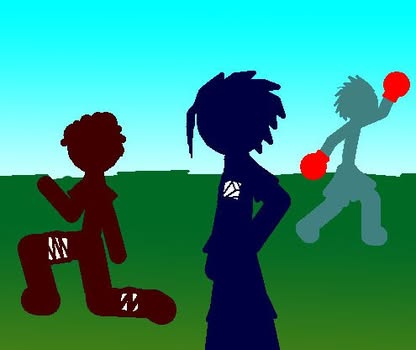 Three silhouettes drawn in Photoshop: figures on green grass, cyan gradient sky, one with red balloons