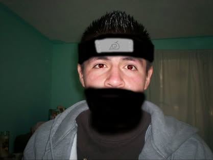 Edited photo: person wearing a Konoha headband from Naruto, teal background