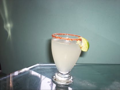 Lemonade glass with Tajín rim and lemon slice, teal wall background